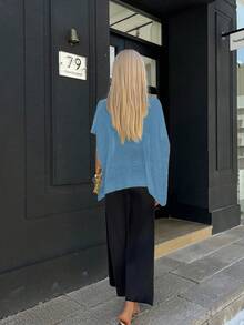 Sylvia 女士夏季纯色镂空蝙蝠袖船领宽松罩衫，轻薄网眼针织面料，防晒百搭，休闲舒适，简约性感，甜美清爽的海滩度假旅行装 - 藍色 - 查看 11