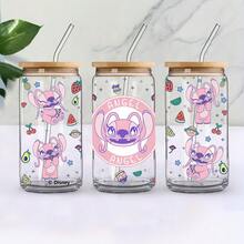 Disney 1pc 16oz Glass Cup With Cute Angel Pattern, Comes With Lid And Straw, Multi-Purpose Water Bottle, Boxed With Anti-Counterfeit Code - Angie - View 11