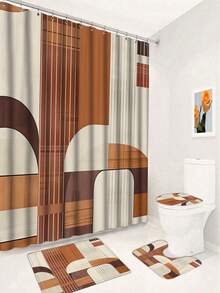 Bohemian Geometric Shower Curtain Set: 71" X 71" Polyester Curtain With 12 Hooks, Brown, White, And Beige Bath Mat, U-Shaped Toilet Mat, And Lid Cover - Machine Washable, Waterproof, And Seasonal - A - View 12