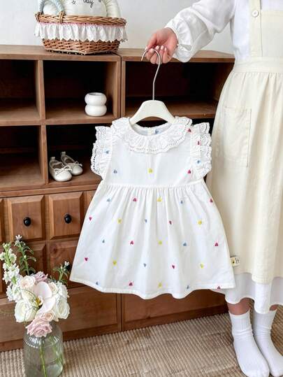 Baby Girl Summer Princess Dress, Contrast Lace Floral Sleeve Heart Embroidery Dress