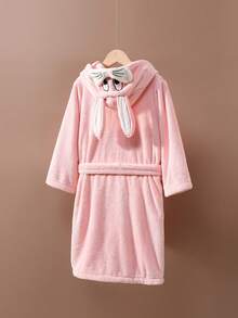 Tween Girls' Soft, Absorbent & Cute 3D Rabbit Design Bathrobe, Suitable For Spring, Autumn & Winter - Pink - View 1