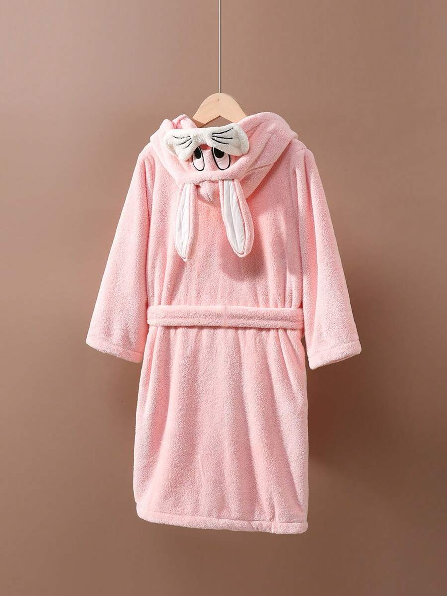 Tween Girls' Soft, Absorbent & Cute 3D Rabbit Design Bathrobe, Suitable For Spring, Autumn & Winter - Pink - View 1