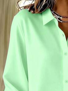 Basic Casual Plus Size Women's Long Sleeve Lightweight Button-Up Shirt - Mint Green - View 5