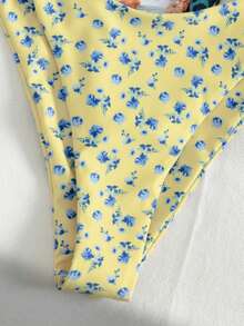 女士优雅印花扭结肩带比基尼泳衣套装，甜美风格，性感优雅，春夏海滩度假之选 - 彩色 - 查看 5