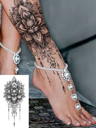 1片防水手臂/大腿假纹身贴纸，莲花图案，大号半臂临时纹身，防水，逼真纹身外观，小众设计，持久7-14天，易于粘贴和去除，适用于手臂、腿部、胸部和其他身体部位