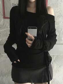 女士系带简约百搭修身长袖针织毛衣上衣 - 黑色 - 查看 5