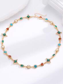 1pc Vintage Colorful Crystal Necklace, Fashionable Classical Elegant Luxurious Jewelry, Minimalist Versatile For Daily, Party And Event Wear - Multicolor - View 6