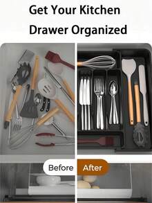 (2-7 Daysmust Arrive)1Pc Expandable Adjustable Kitchen Drawer Organizer - Space-Saving Utensil And Silverware Holder, Utensil Tray Kitchen, In-Cabinet Utensil Caddy, Cutlery Holder, Adjustable Plastic Storage Spoons Forks Knives, Flatware And Cutlery Holder For Knives, Forks, Spoons, Chopsticks, Cooking Utensils Storage, Knife & Fork Drawer Divider, Storage Container, Utensil Holder, Kitchen Utensils, Dish Drying Rack, Organziers Storage, Home Decoration, Kitchen Deccor, Home Gifts, Room Decoration 13" - 22"W, 14.8"L, Black Christmas Gifts Valentine's Day Halloween/Christmas Gifts, Back-To-School Season, Kitchen Items, Kitchen Gadgets, Kitchen Storage, House Essentials, Cocina Accesorios - Multicolor - View 9