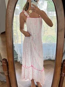 性感提花印花吊带裙，女士休闲睡衣，夏季 - 粉色 - 查看 9