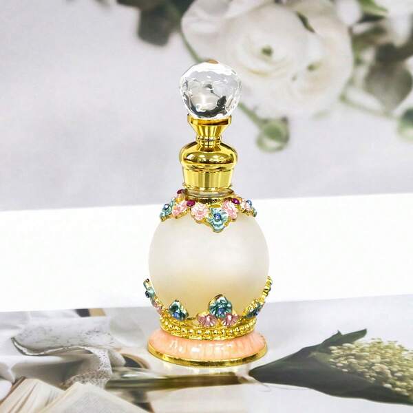 1 chai thủy tinh hình cầu 15ml vẽ họa tiết hoa trang trí đá rhinestone, chai đựng tinh dầu nước hoa, trang trí bàn làm việc, trang trí bàn trang điểm, chai rỗng chỉ rửa tay, có thể nạp lại và tái sử dụng, chai đựng hương thơm thanh lịch, trang trí tinh tế, chất liệu cao cấp, thủy tinh và kim loại, bền và chống mài mòn, di động, khả năng niêm phong tốt, không rò rỉ khi lật ngược (chỉ chai rỗng)