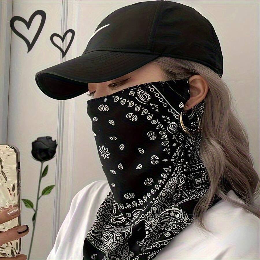 1 Piece Ice Silk Fiber Fabric Ear-Hook Mask - Breathable Motorcycle & Cycling Sun Protection Neck Gaiter, Unisex Elastic Spandex Blend, All-Season Outdoor Sports Accessory, Patterned Neck Gaiter |   Breathable Fabric, The Perfect New Year's Or Valentine's Day Gift - 黑白 - 查看 1