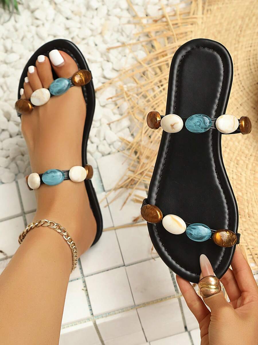 女士夏季新款优雅舒适时尚串珠波西米亚风平底凉鞋，大码 - 黑色 - 查看 1