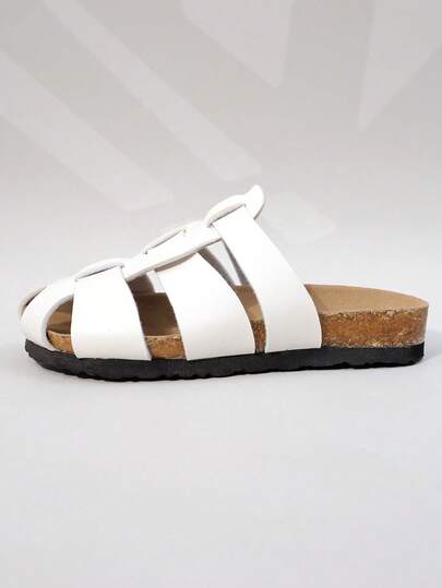 1 Pair Girls' Woven Cork Footbed Slide Sandals For Retro Casual Summer Wear