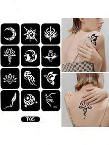 3 ống đựng henna + 12 khuôn vẽ tái sử dụng ngẫu nhiên | Bột henna tự nhiên pha sẵn dùng cho nghệ thuật vẽ trên cơ thể tạm thời | Chống thấm nước, không lem, lâu trôi | Bộ dụng cụ tự làm thân thiện với người mới bắt đầu, thích hợp cho các bữa tiệc, lễ hội, Halloween, đám cưới, vẽ theo phong cách phác thảo. - màu đen - Xem 6