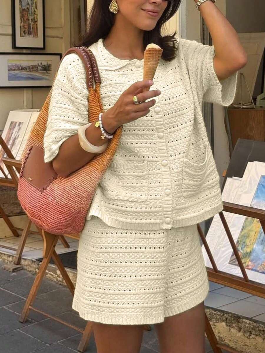 2件組女款套裝,春夏短袖純色開襟衫與鬆緊腰短褲,休閒可愛寬鬆度假海灘兩件套,優雅秋季 - 杏色 - 查看 1
