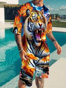 Set da 2 pezzi da uomo con stampa tigre, composto da camicia a maniche corte e pantaloncini, tuta sportiva, traspirante e ad asciugatura rapida, adatta per il tempo libero quotidiano e le attività all'aperto. - Colori misti - Visualizzare 7