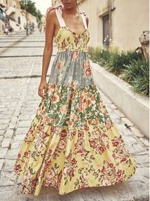 Women's Spring/Summer Bohemian Elegant Ditsy Floral Contrast Color Spaghetti Strap Backless Bow Tie Strap Maxi Dress, Fashion Boho Style High Waist Slimming Chiffon Floral Flowing Maxi Dress - Yellow - View 6