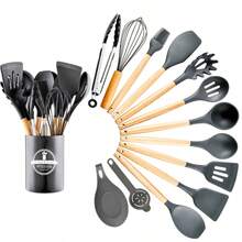 12 件套硅胶厨房用具套装，带木柄和储物锅，不粘烹饪工具套装包括锅铲、漏勺、汤勺、刷子、夹子、打蛋器 - 彩色 - 查看 18