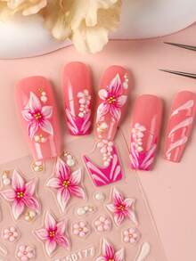 2pcs Pink Blooming Flower Nail Stickers, 5D Embossed Petals, Soft Carved Pearl Beads, French Line Modeling Nail Art Stickers, DIY Nail Supplies For Wedding, Holiday Nail Charm Decor - Multicolor - View 6