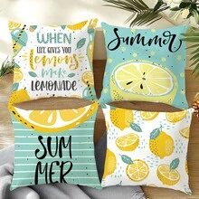 4pcs Minimalist Summer Cartoon Lemon Print Pillow Case Set, Single-Sided Peach Velvet Polyester Material, 45*45/50*50/40*40CM Cushion Cover For Modern Fabric Sofa Indoor Decor, Party Decoration, Gift - Multicolor - View 10