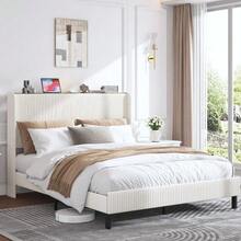Bed Frame 160 X 200 Cm, Padded Platform With Fabric Headboard, Rounded Edges, Non-Slip And Silent, Metal Slatted Base, Without Upholstered Base. - White - View 8