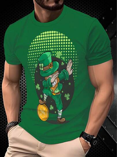 T-shirt imprimé 3D pour hommes, motif de trèfle à quatre feuilles dansant pour la Saint-Patrick, col ras-du-cou décontracté et polyvalent, manches courtes, idéal pour le port quotidien, cadeau parfait pour les hommes pendant les fêtes