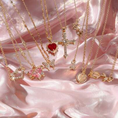 8pcs Butterfly Pendant Necklaces, Heart Shaped Dainty Clavicle Chain, Versatile Alloy Necklaces, Gift For Girlfriend