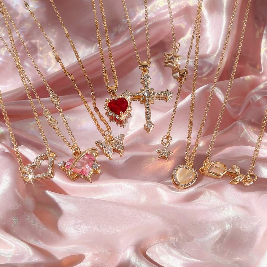 8件套蝴蝶吊坠项链，心形精致锁骨链，百搭合金项链，送给女朋友的礼物 - 彩色 - 查看 1
