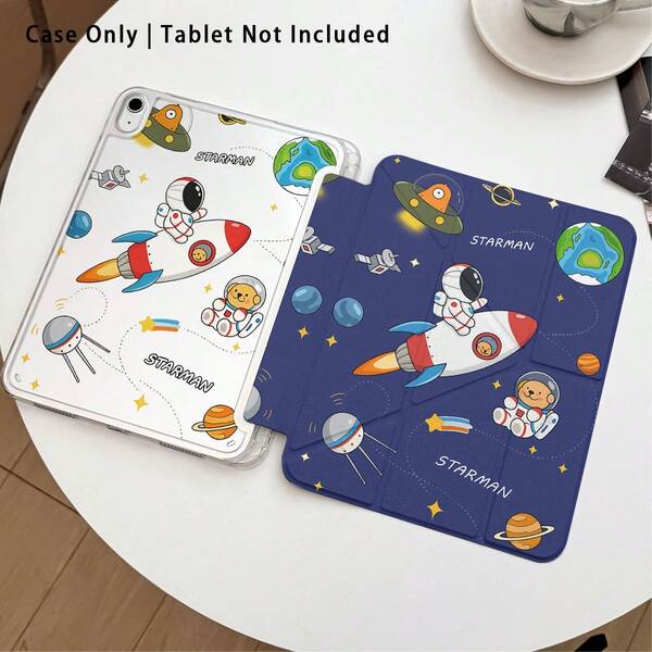 1pc Astronaut Graphic Acrylic Crystal Clear Tablet Case With Kickstand, Compatible With Samsung A9/A9+/S9/S9FE/A11/A11+/S11/S10 FE/S10 FE+/S10 Lite, Apple Air 5/6, Honor, Matepad, And More Popular Models. Foldable, Silicone Reinforced Corners, Auto Wake/Sleep, Pen Slot, Multi-Angle Stand - Perfect Daily Protection, Great Gift For Holidays