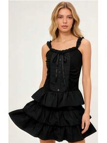 1pc New French Style Black Spaghetti Strap Dress, Spring/Summer Fitted Slimming Elegant Princess Tulle Dress, Suitable For Party, Game Theme, Ball, Photo Shoot, Romantic Dinner, Garden Date - Black - View 3