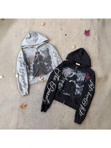 Dark Print Y2k Crew Neck Sweater Long Sleeve T-Shirt Pullover Retro Jacket Street  Men's Hoodie - 灰色 - 查看 3