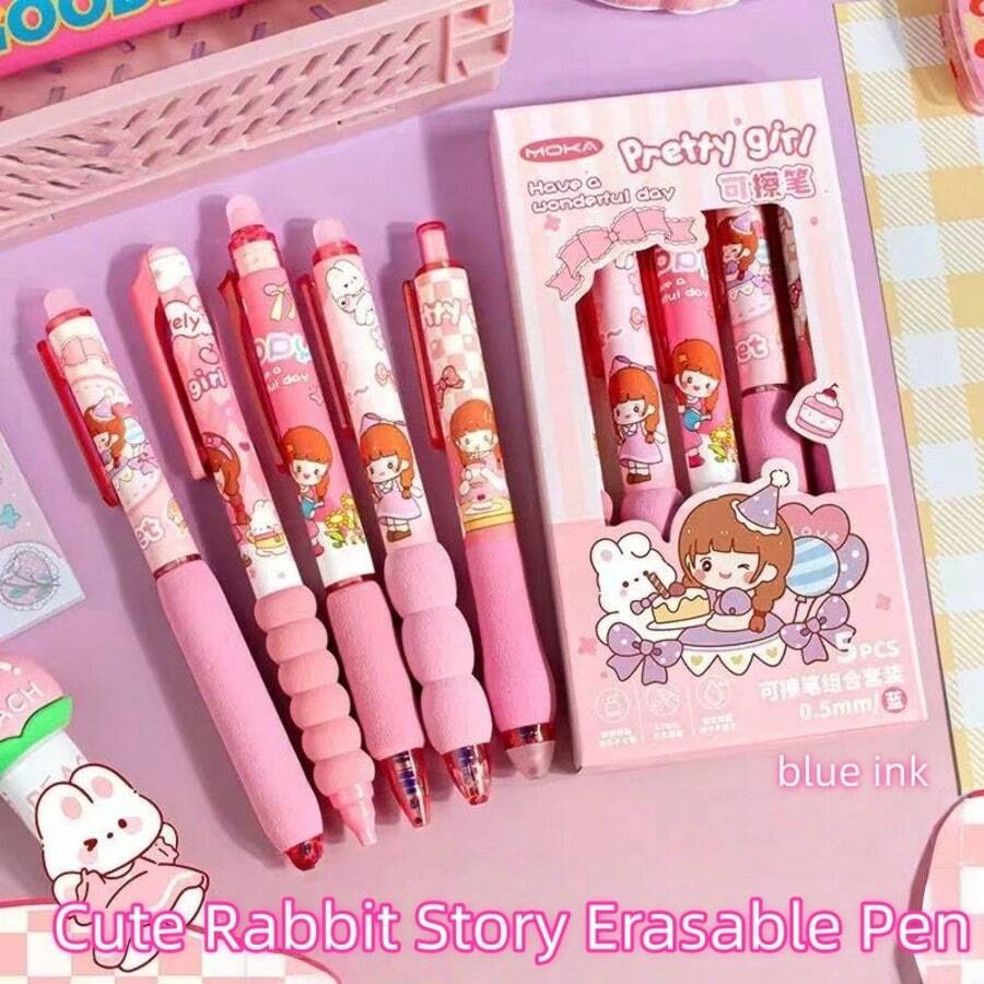 12/24pcs Cute Rabbit Story Erasable Gel Pen Set, Blue Ink, Soft Grip, Animal Theme Stationery, Office Supplies, Back To School Essential Delicate Gift - Cute Rabbit Story Erasable Pen - View 1
