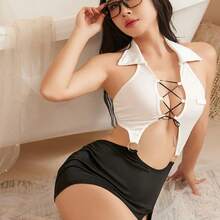 Women Sexy Office Secretary Outfit Costume Sleeveless Cosplay Lingerie Teacher Dress Uniform Office Lady Role Play Bodysuit 2 Pieces Halloween Babydoll Fancy Dress Top+Mini Skirt+G-String - 預設 - 查看 2