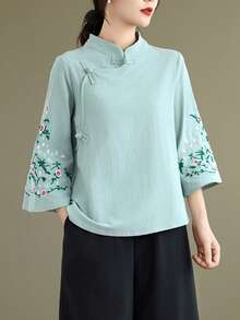 LUCIDVUE 1 chiếc áo kiểu Trung Quốc thêu dành cho nữ, trang phục mùa xuân/hè, họa tiết thêu tinh xảo kiểu Trung Quốc cổ điển, cổ tàu, cài cúc phía trước, áo sơ mi vải lanh, tay áo loe thanh lịch, kiểu Hanfu cải tiến, thích hợp cho tiệc trà, kỳ nghỉ. - Màu xanh bạc hà - Xem 12