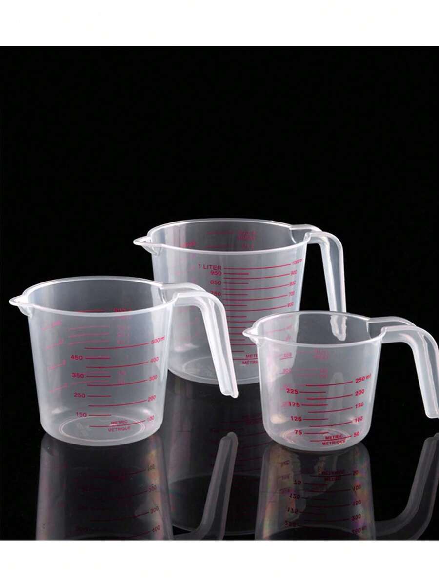 3pcs Plastic Baking Measuring Cups With PVC Scale, Capacity 8.45oz, 16.91oz And 33.81oz, Transparent High Precision Multi-Function Measuring Cups, Kitchen Tools - Multicolor - View 1