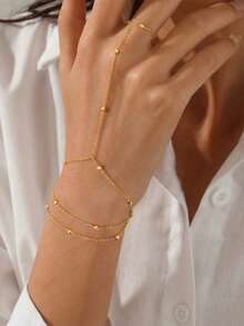 Elegant Gold-Tone Adjustable Faux Pearl Beaded Finger Ring, Bracelet, Crystal Zirconia Bracelet Jewelry Gift For Women - Multicolor - View 17