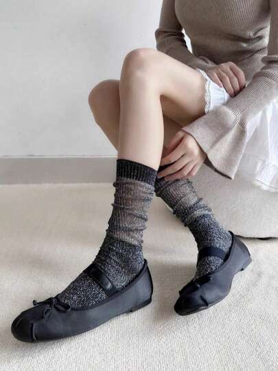 1/5 双装女士金银色金属光泽中筒袜，薄网眼透明闪光袜，适合春夏穿着