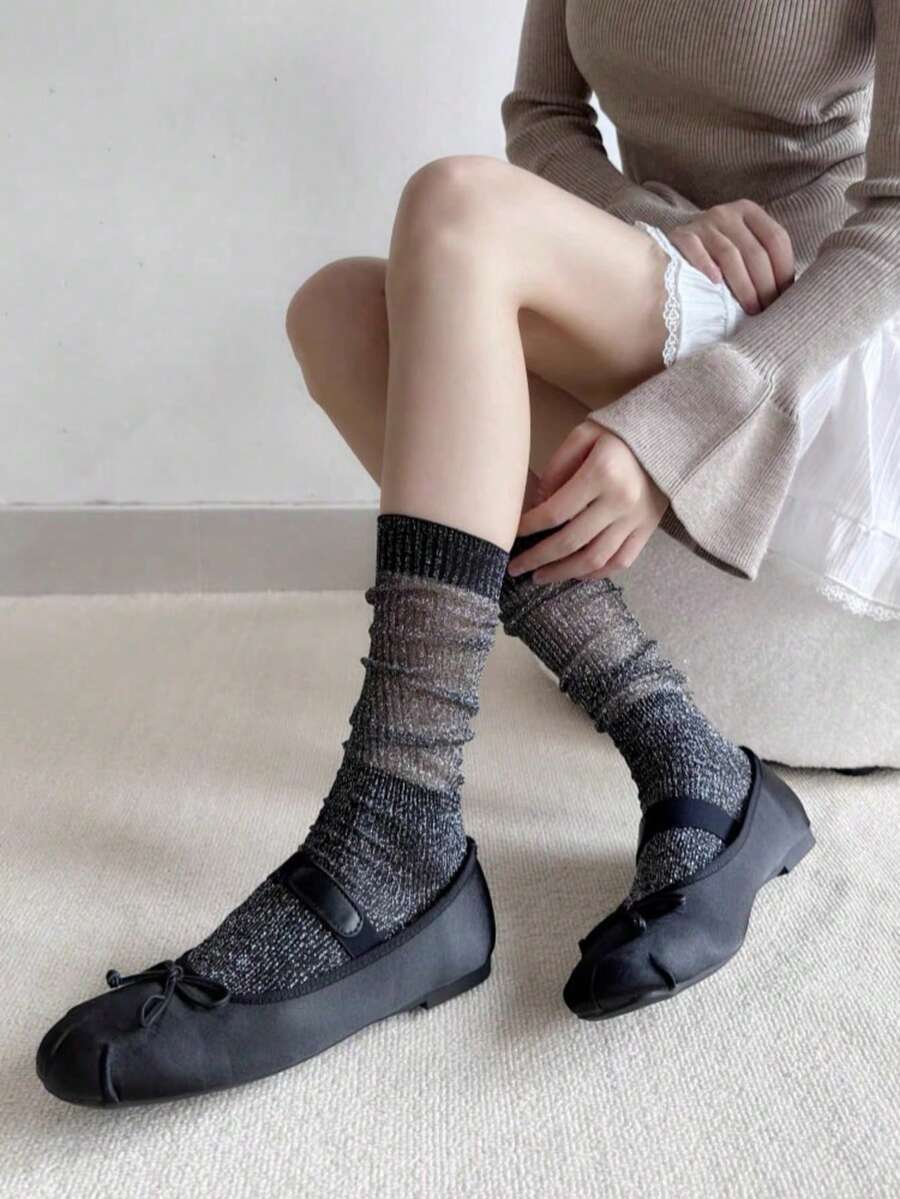 1/5 双装女士金银色金属光泽中筒袜，薄网眼透明闪光袜，适合春夏穿着 - 彩色 - 查看 1