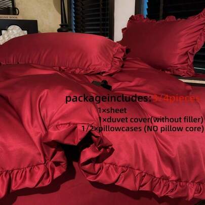 3/4pcs Set Red Lace Trim Duvet Cover (1 Duvet Cover, 1 Bed Sheet, 1/2 Pillowcase, Excluding Filler), Princess Style Polyester Bedding Set, Queen Size, Soft & Comfortable, Suitable For All Seasons, Bedroom, Hotel