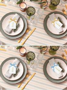 Bộ 12/24 thẻ ghi tên cô dâu/chú rể, kích thước 9*6cm, tự làm, kèm nơ ruy băng satin, dùng trang trí tiệc cưới (màu xanh dương và kaki). - Xem 4
