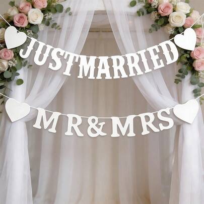 2pcs/Set "Just Married" & "Mr Mrs" Heart Shaped Letter Garland, Wedding Ceremony Decoration Banner, Indoor/Outdoor Romantic Backdrop, Wedding Photo Props