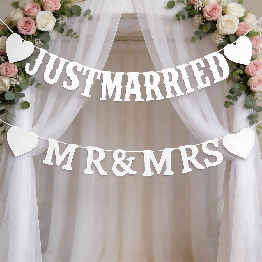 2pcs/Set "Just Married" & "Mr Mrs" Heart Shaped Letter Garland, Wedding Ceremony Decoration Banner, Indoor/Outdoor Romantic Backdrop, Wedding Photo Props,Beach - White - View 1