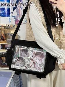 日系可爱痛包 女款斜挎包 大学生书包 透明PVC DIY手提包 带徽章展示板 单肩包 女生痛包 动漫 - 黑色 - 查看 6