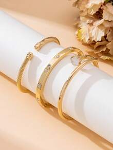 3pcs Luxurious Elegant Glamorous Shiny White Clover Textured Gold Bangle Bracelet Set For Women - Yellow Gold - View 1