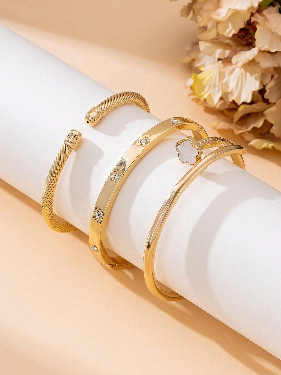 3pcs Luxurious Elegant Glamorous Shiny White Clover Textured Gold Bangle Bracelet Set For Women - Yellow Gold - View 1