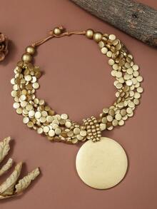 1 pieza Collar con colgante de medalla de madera exagerada, adecuado para el uso diario de las mujeres - dorado - Ver 3