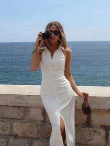 Women's Elegant Fashion Resort Style Solid Color Halter Neck High Slit Solid Color Single-Breasted Long Bodycon Maxi Dress, Elegant Lapel Cardigan Sexy Fitted Solid Color Maxi Dress White - White - View 3