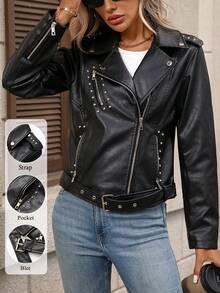 女士仿皮朋克夹克铆钉机车夹克配腰带 - 深黑色 - 查看 2