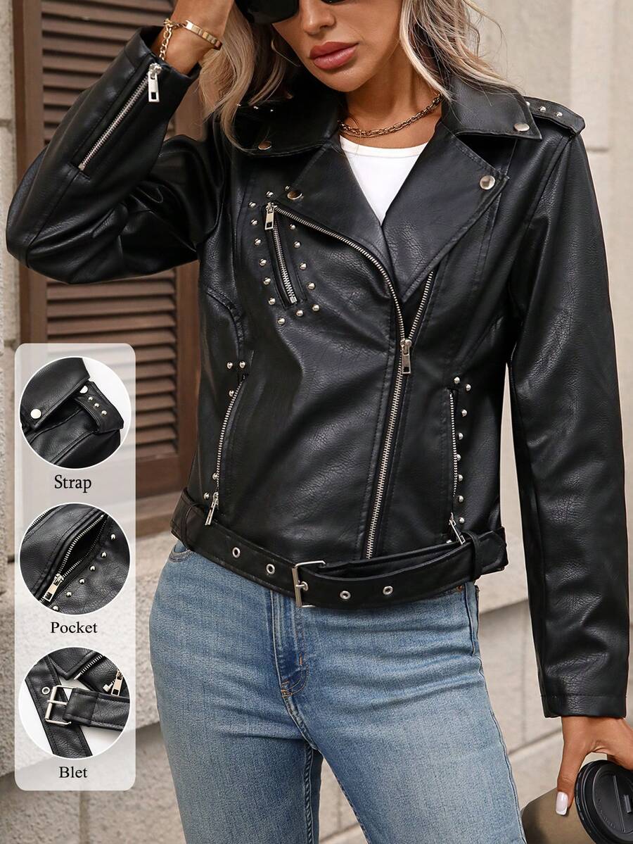 女士仿皮朋克夹克铆钉机车夹克配腰带