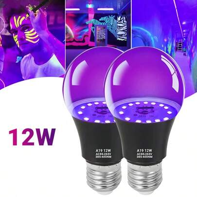Bóng đèn UV đen 12W A19 E26/E27, 385-400NM, AC85-265V, Bóng đèn phát sáng trong bóng tối dùng để trang trí tiệc Halloween, nghệ thuật huỳnh quang, vẽ trên cơ thể, quán bar, (1/2 chiếc)